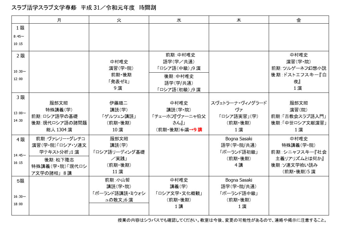 2019時間割訂正